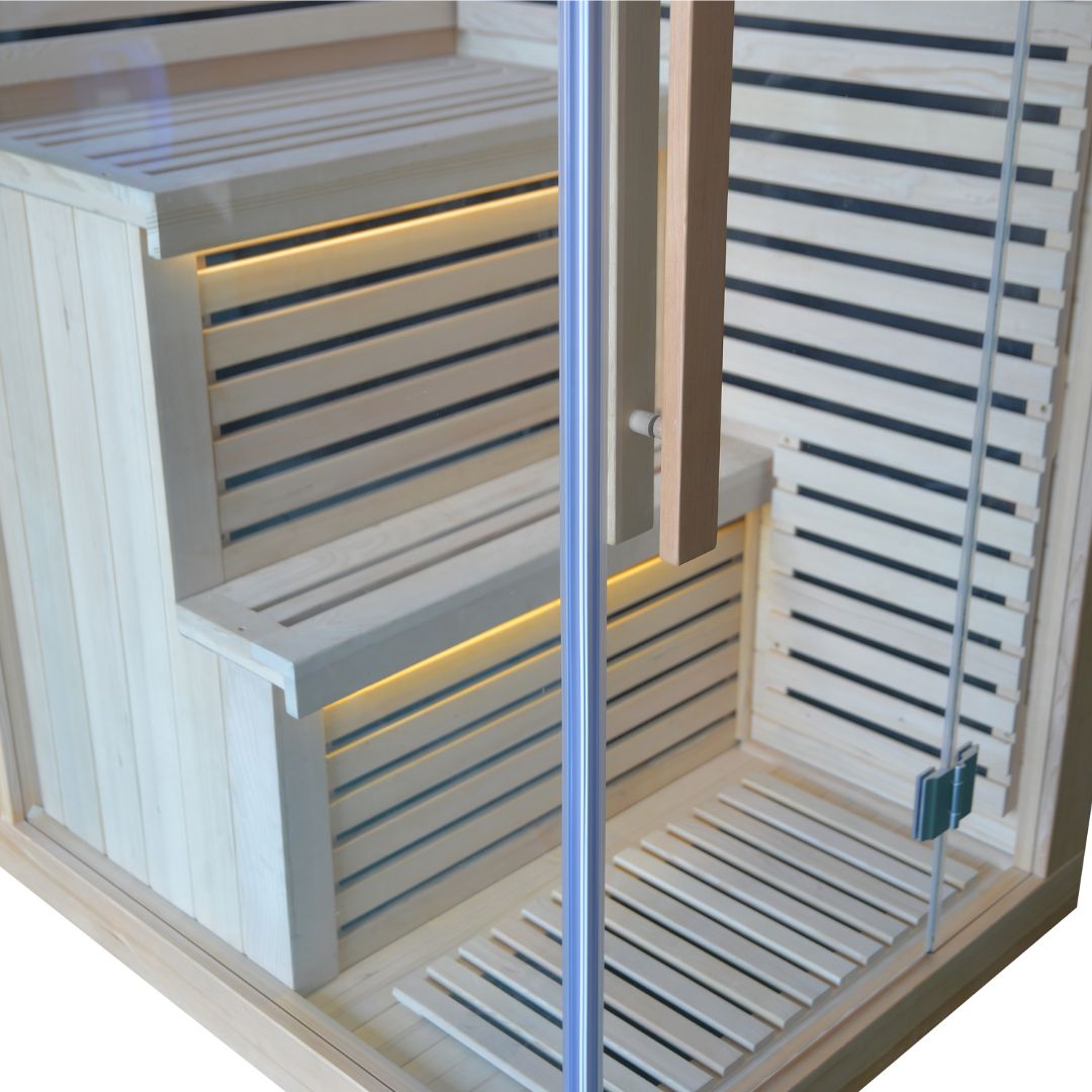 BEACON EBARZA sauna room LM-N02IR with wooden interior and infrared panels for relaxing heat therapy.