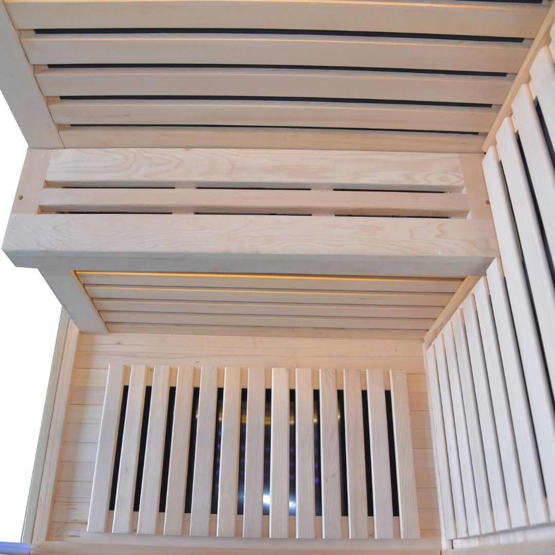 EBARZA Sauna Room LM-N02IR by BEACON, featuring a modern wooden interior with seating and infrared panels for relaxation.