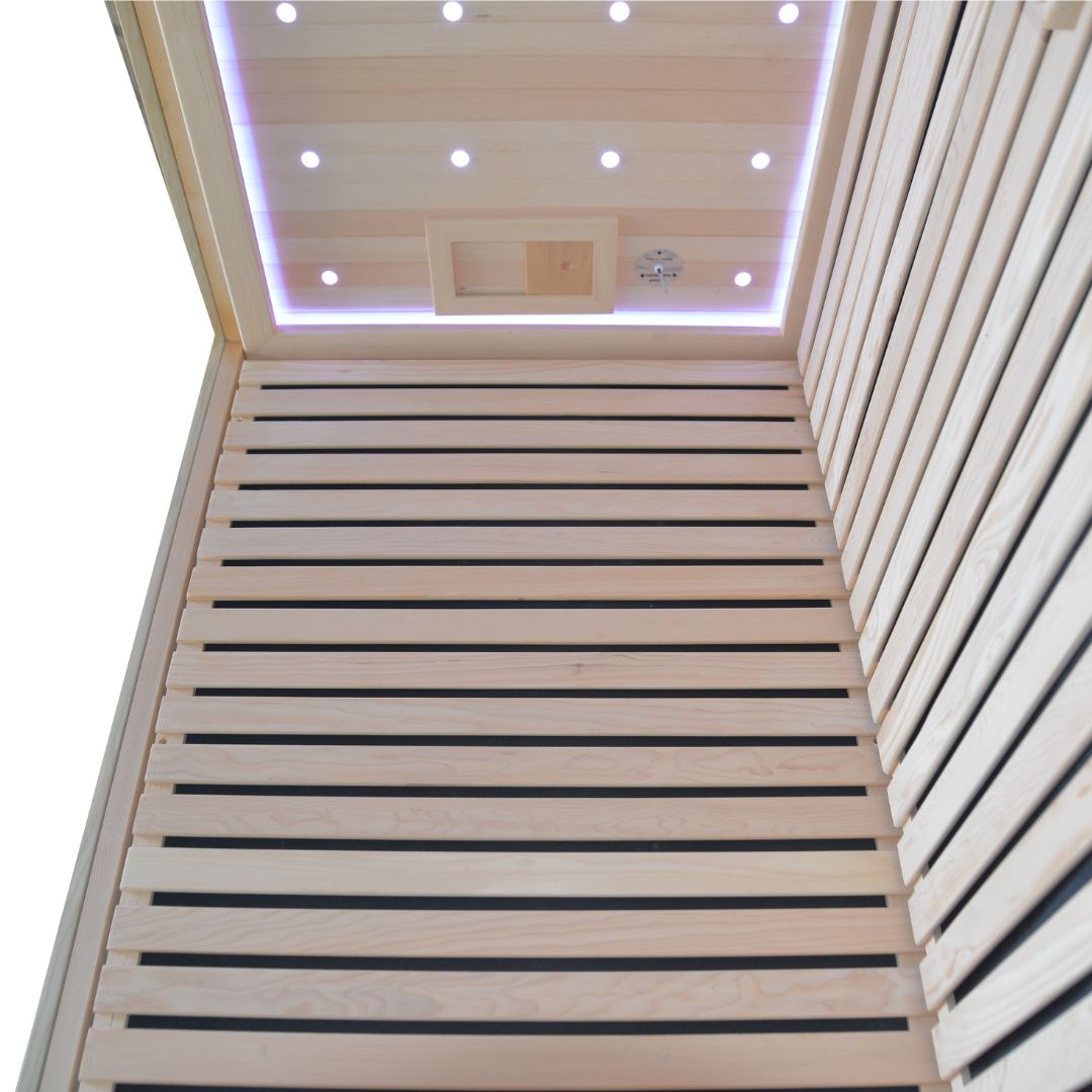 BEACON EBARZA SAUNA ROOM LM-N02IR interior view showing wooden benches and infrared heating panels for relaxation.