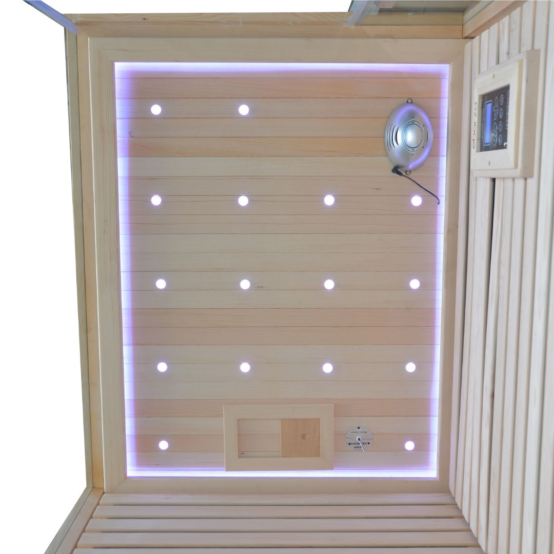 Ebarza Sauna Room LM-N02IR by Beacon with glass doors and interior seating for relaxation and wellness.
