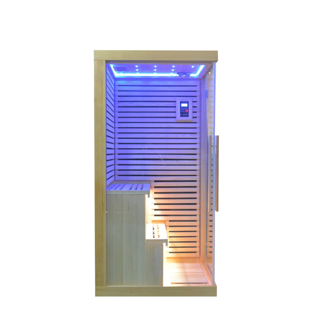 Ebarza Sauna Room LM-N02IR by Beacon, featuring wood interior and infrared panels for home relaxation and wellness.