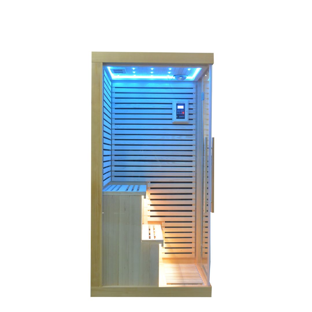 BEACON EBARZA sauna room LM-N02IR with wood interior and infrared panels, designed for home wellness and relaxation.