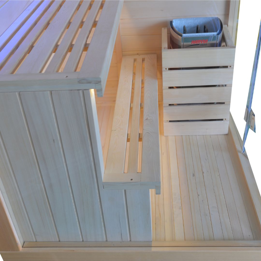 BEACON EBARZA SAUNA ROOM LM-N02IR, compact infrared sauna with wooden interior and control panel for relaxing heat therapy.