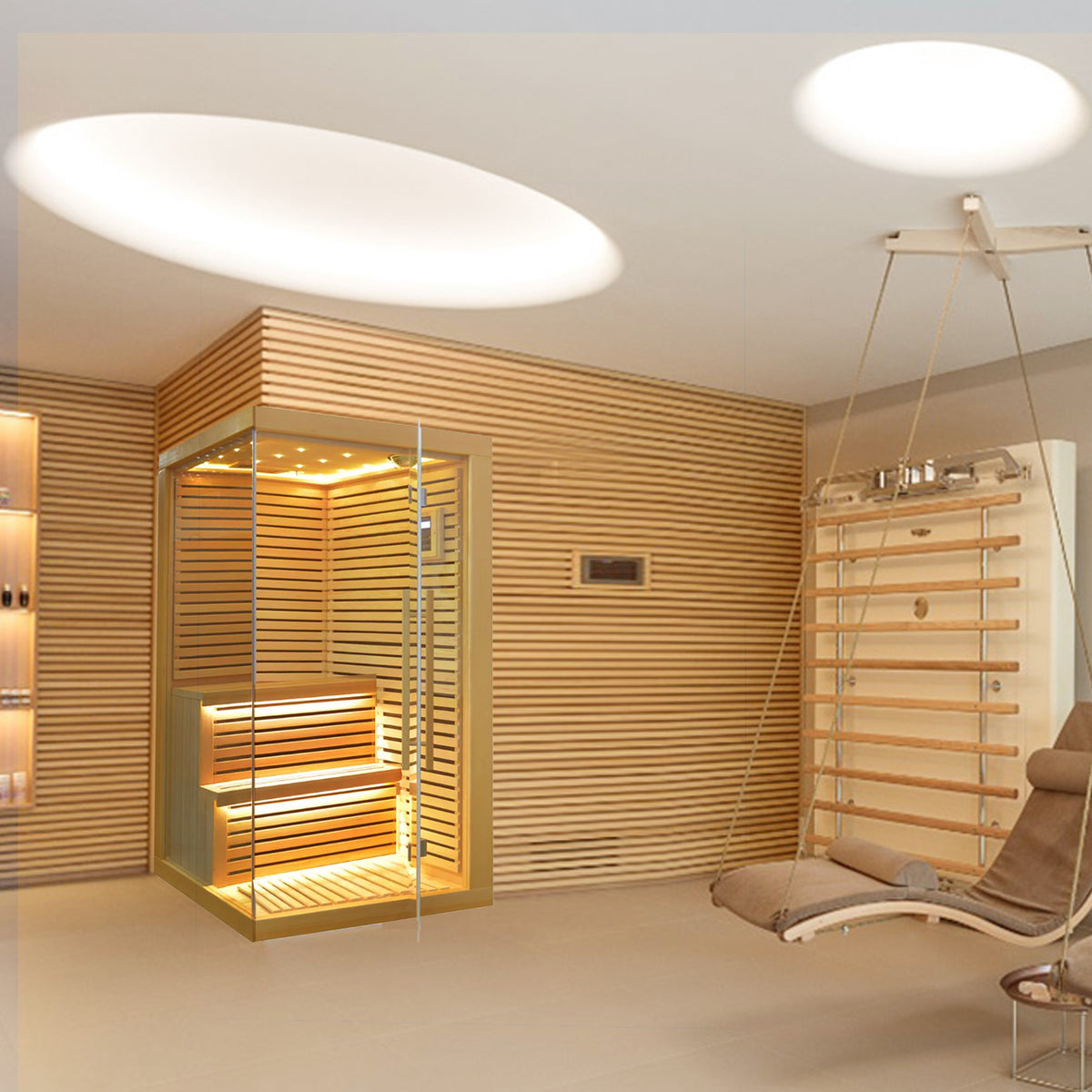BEACON EBARZA Sauna Room LM-N02IR with wood interior, digital control panel and spacious design for relaxing sauna experience