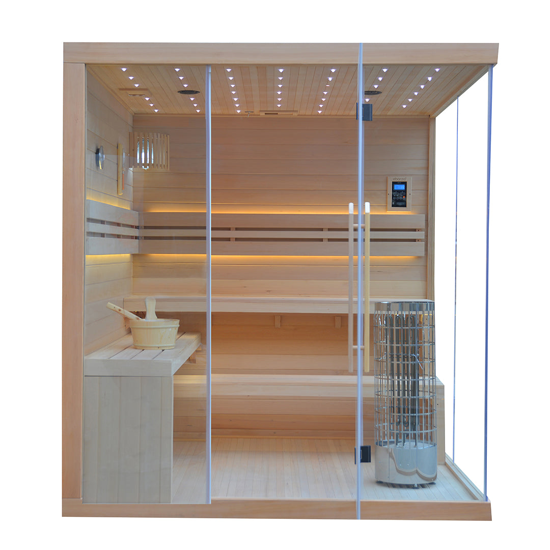 BEACON EBARZA sauna room LM-T03B with wooden interior and glass door, designed for home relaxation and wellness.