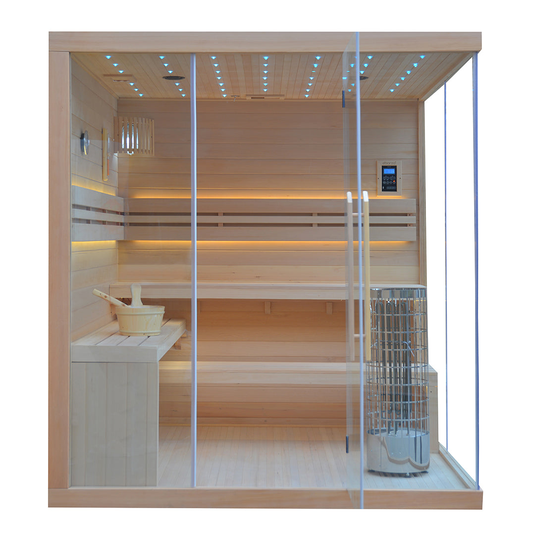 BEACON EBARZA sauna room LM-T03B with wooden interior and glass door, designed for home relaxation and wellness.