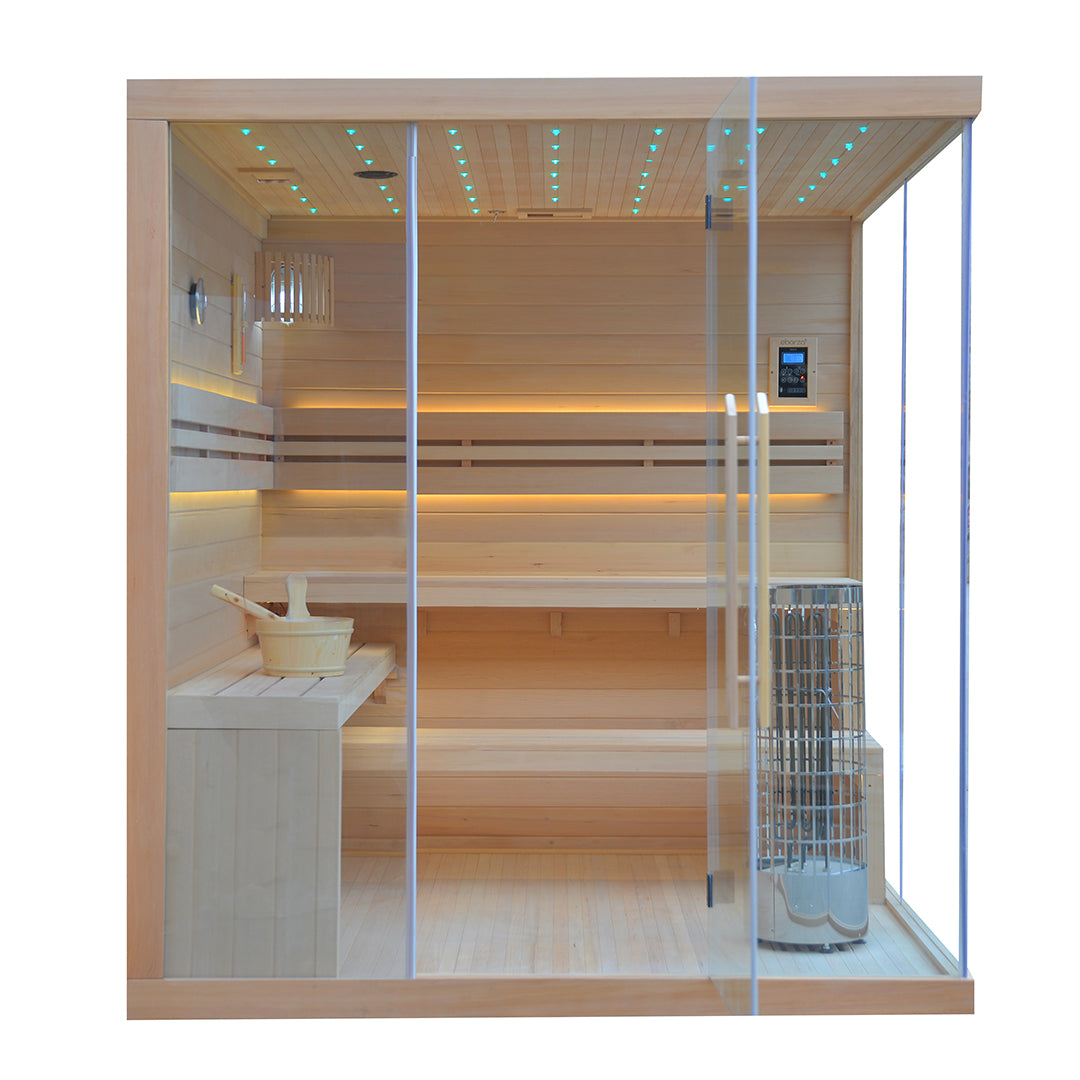 BEACON EBARZA Sauna Room LM-T03B with glass doors and wooden interior, designed for home spa relaxation.
