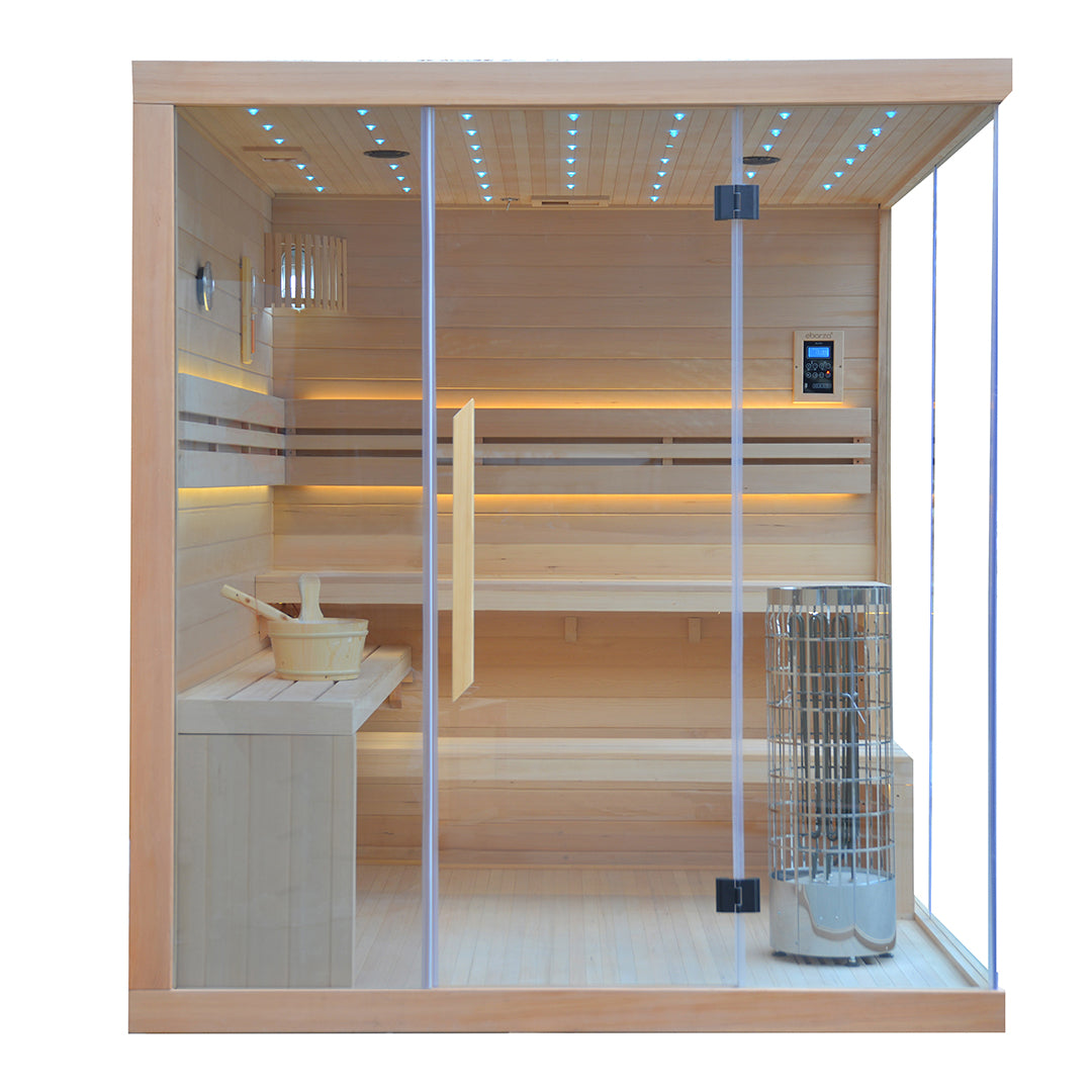 BEACON EBARZA sauna room LM-T03B with wooden interior and glass door, designed for relaxing sauna sessions at home.