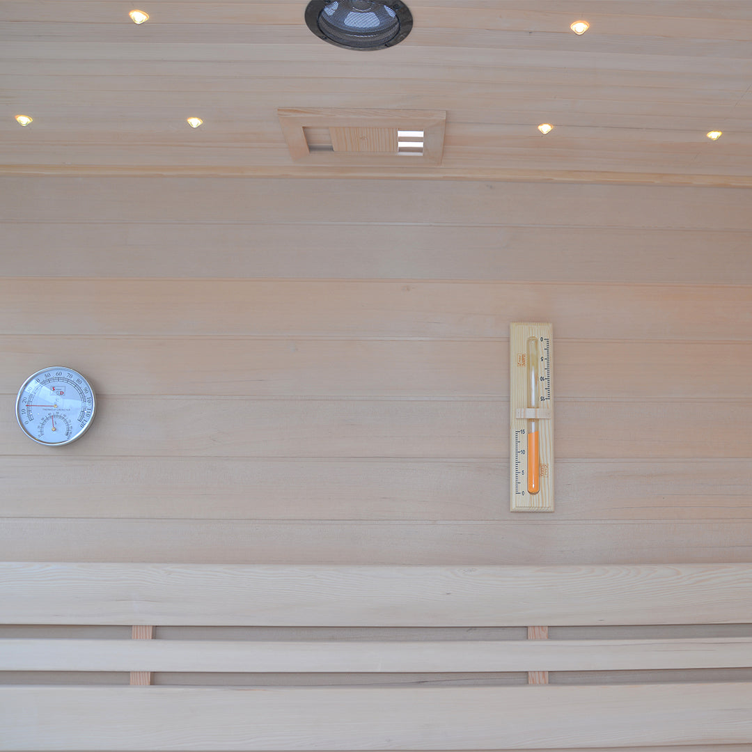 BEACON EBARZA Sauna Room LM-T03B, compact indoor sauna with glass door and wooden interior for relaxation and wellness.