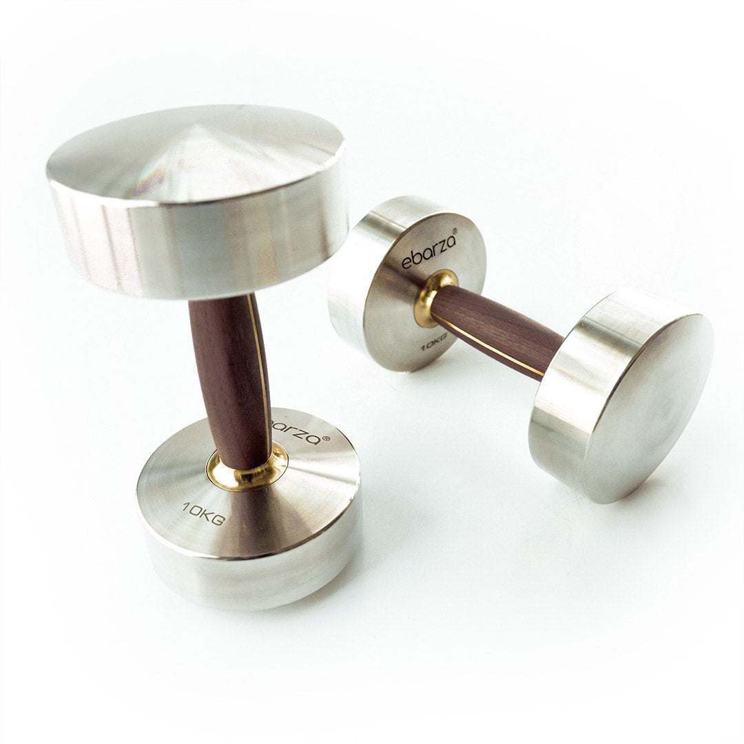 Ebarza 10kg stainless steel and walnut wood dumbbell by BEACON, featuring a sleek modern design for home fitness.