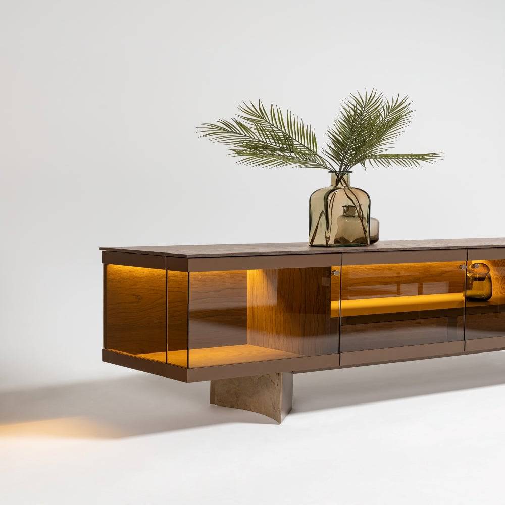 Edessa sideboard with glass display and console by Homage Koltuk, showcasing modern storage and elegant glass accents.