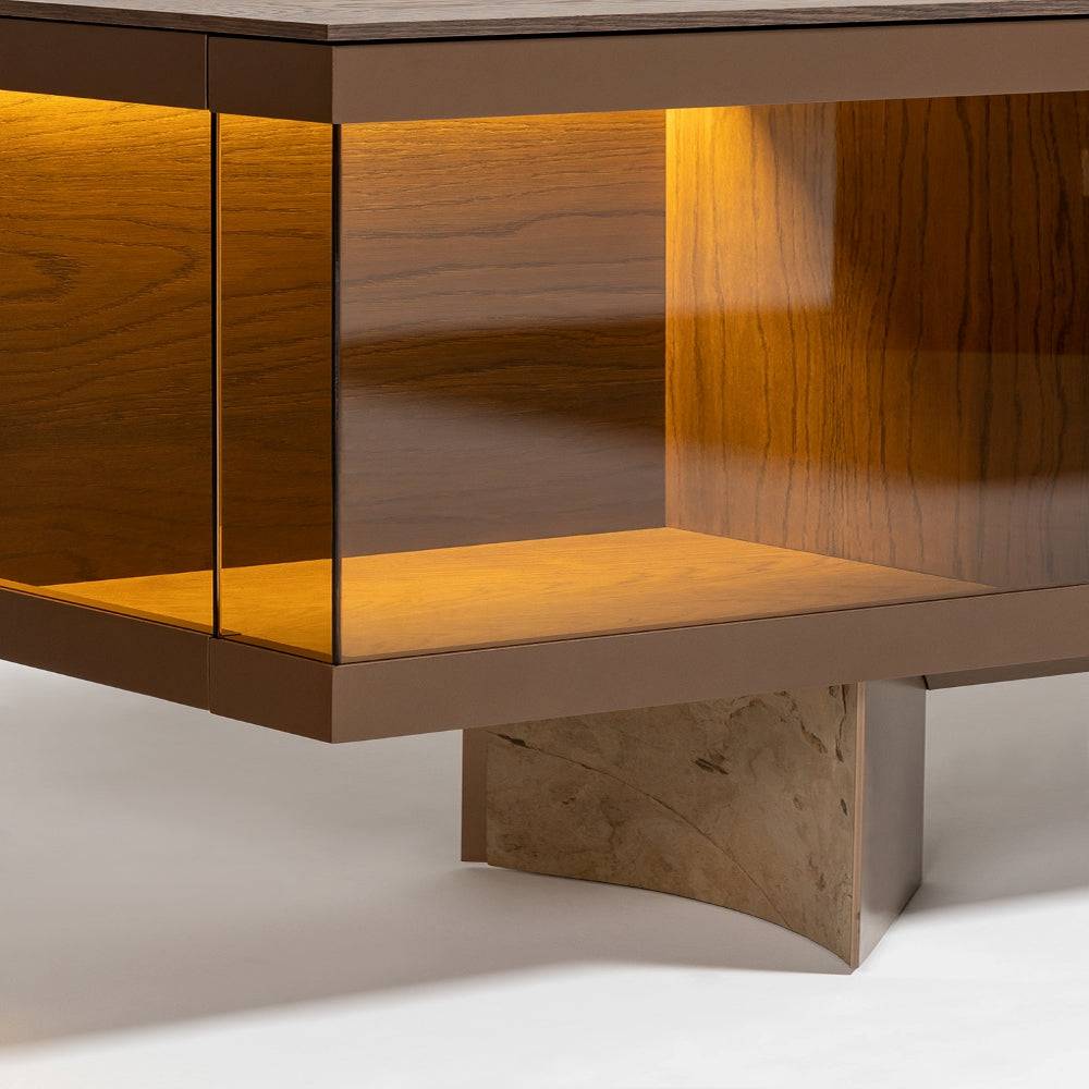 Display image of the Edessa sideboard with glass Edsa console by Homage Koltuk, featuring sleek wood and glass design.