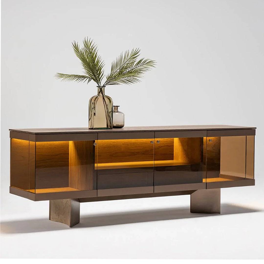 Display image of Edessa sideboard with glass Edsa-console by Homage Koltuk, showcasing sleek wood finish and glass accents.