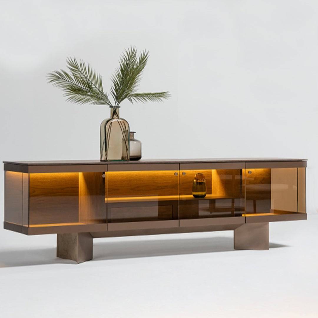 Display image of the Edessa sideboard with glass Edsa console by HOMAGE KOLTUK, featuring sleek wood finish and glass accents.