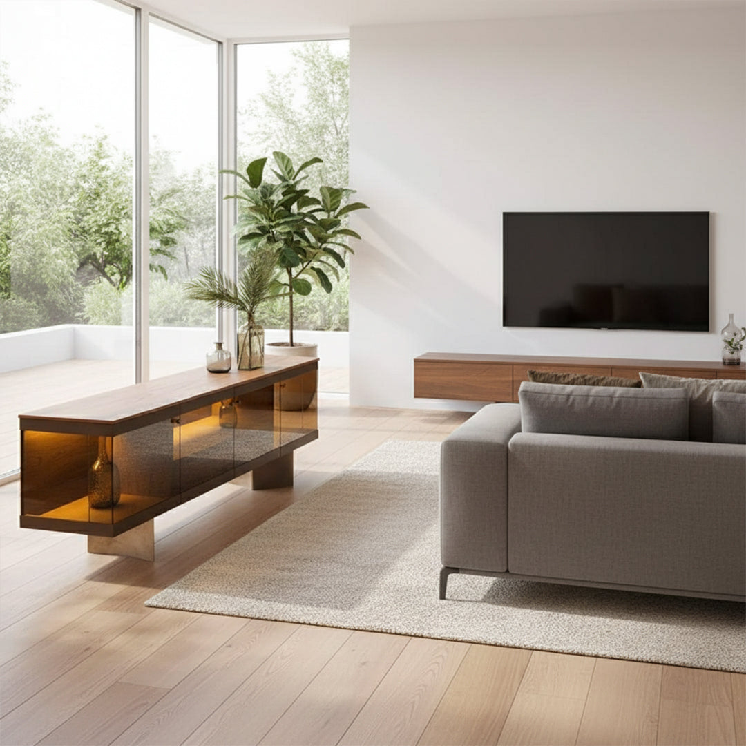 Display image of the Edessa sideboard with glass Edsa console by HOMAGE KOLTUK, showcasing sleek storage and modern design.