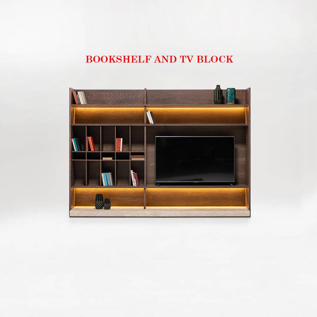 Modern Edessa wall unit with bookshelf and TV block by HOMAGE KOLTUK, featuring sleek storage and display space.