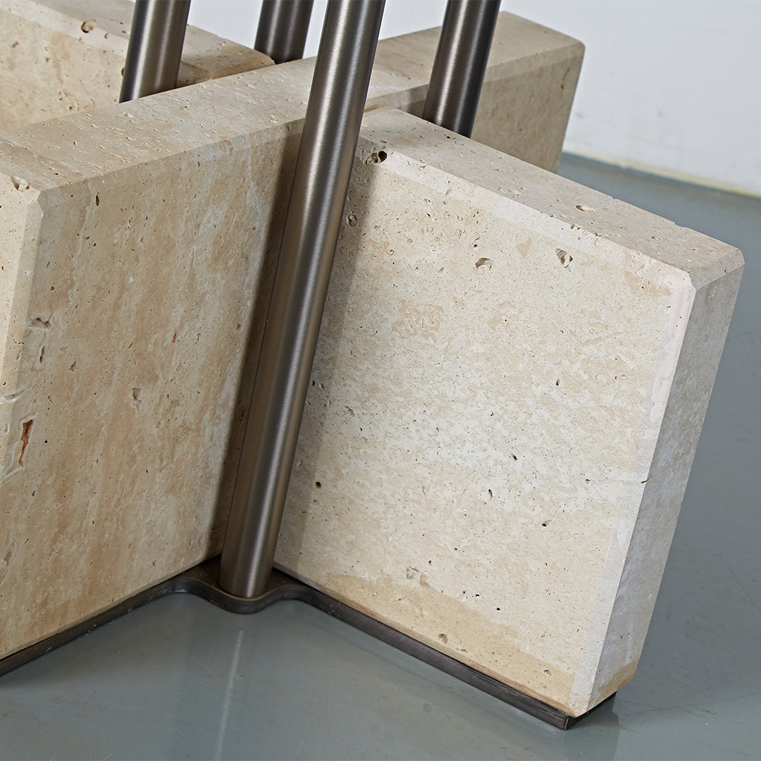 BEACON Elysian Travertine Bar Table JA043-D, modern bar table with travertine top and sturdy metal base.