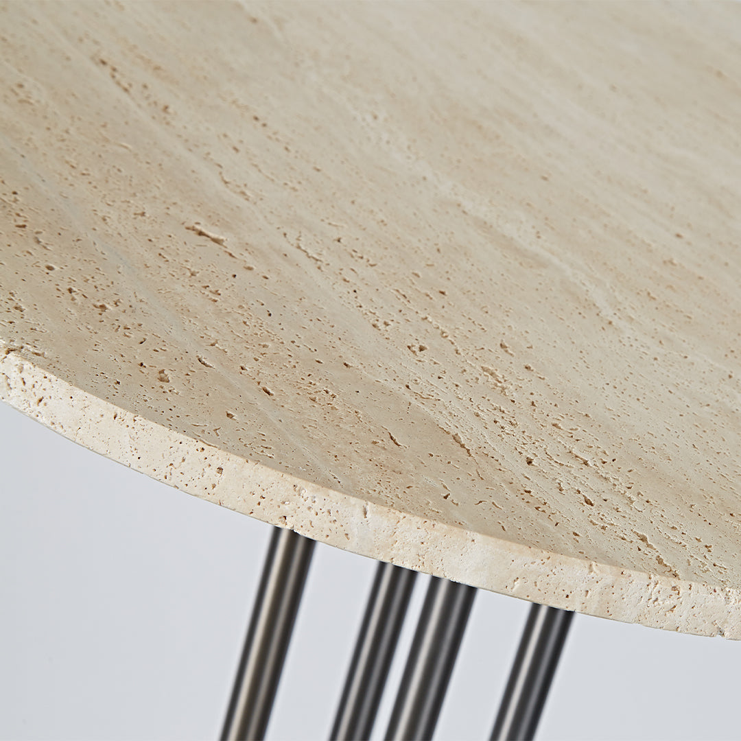Elysian Travertine Bar Table by BEACON, modern bar table with a travertine surface and sleek metal legs.