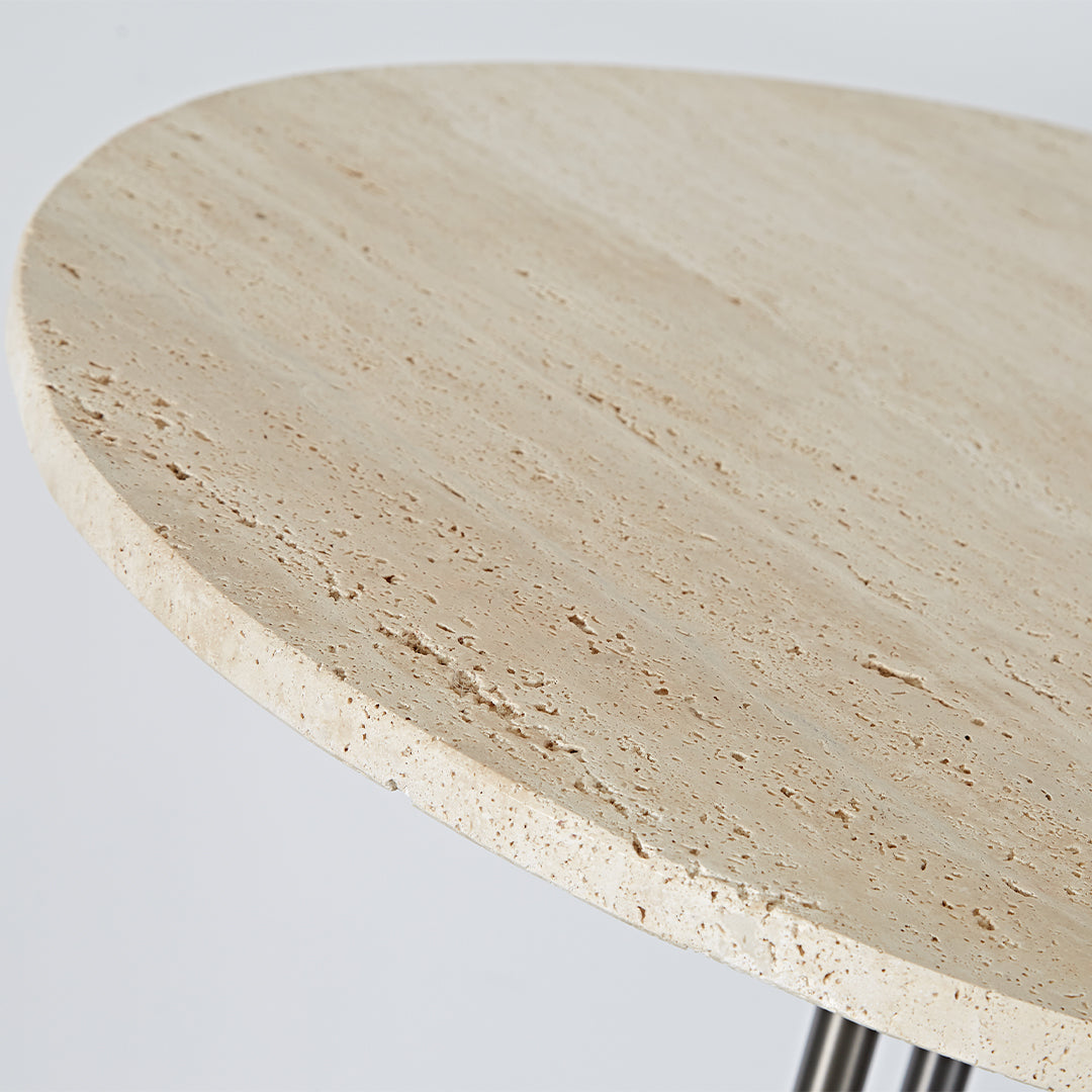 Elysian Travertine Bar Table by BEACON, featuring a sleek travertine surface and sturdy metal legs for modern bar dining.