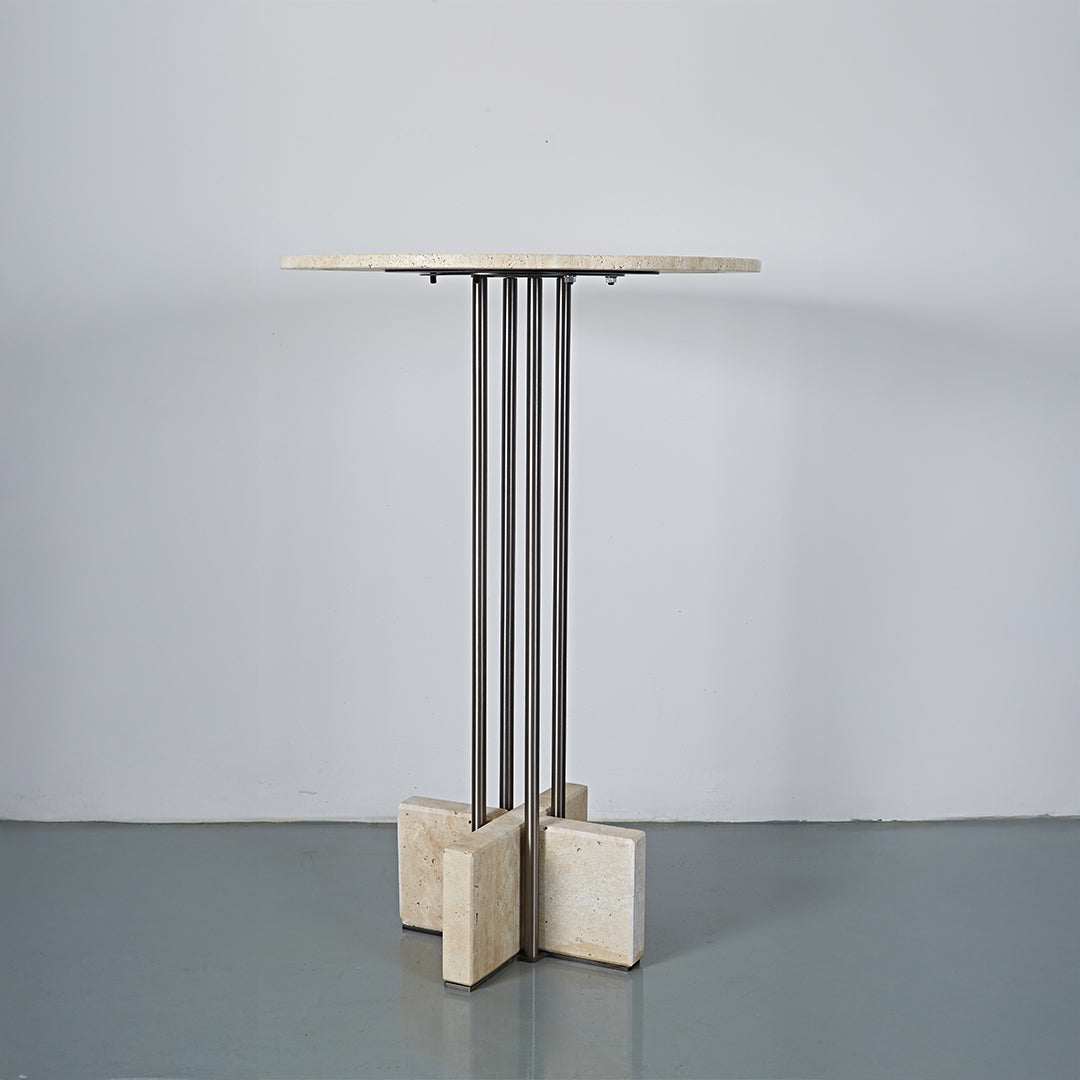 Elysian Travertine Bar Table by BEACON with a sleek travertine top and modern design for stylish bar spaces.