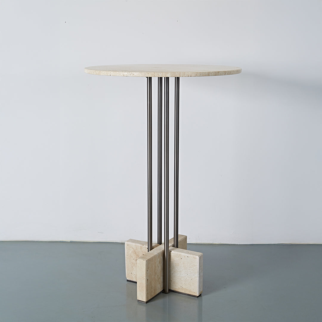Elysian Travertine Bar Table by BEACON, featuring a sleek travertine surface and modern design for bar or counter use.