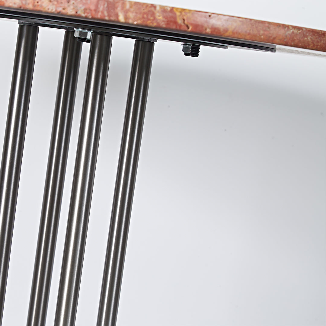 Elysian Travertine Dining Table by BEACON, modern dining table with natural travertine surface and sleek wooden legs.