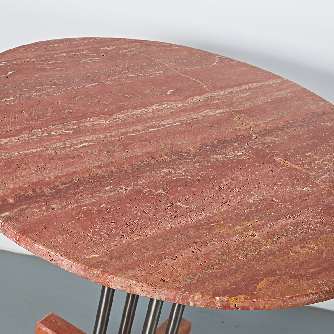 Elysian Travertine Dining Table by BEACON featuring a sleek, natural stone surface and modern wooden legs.