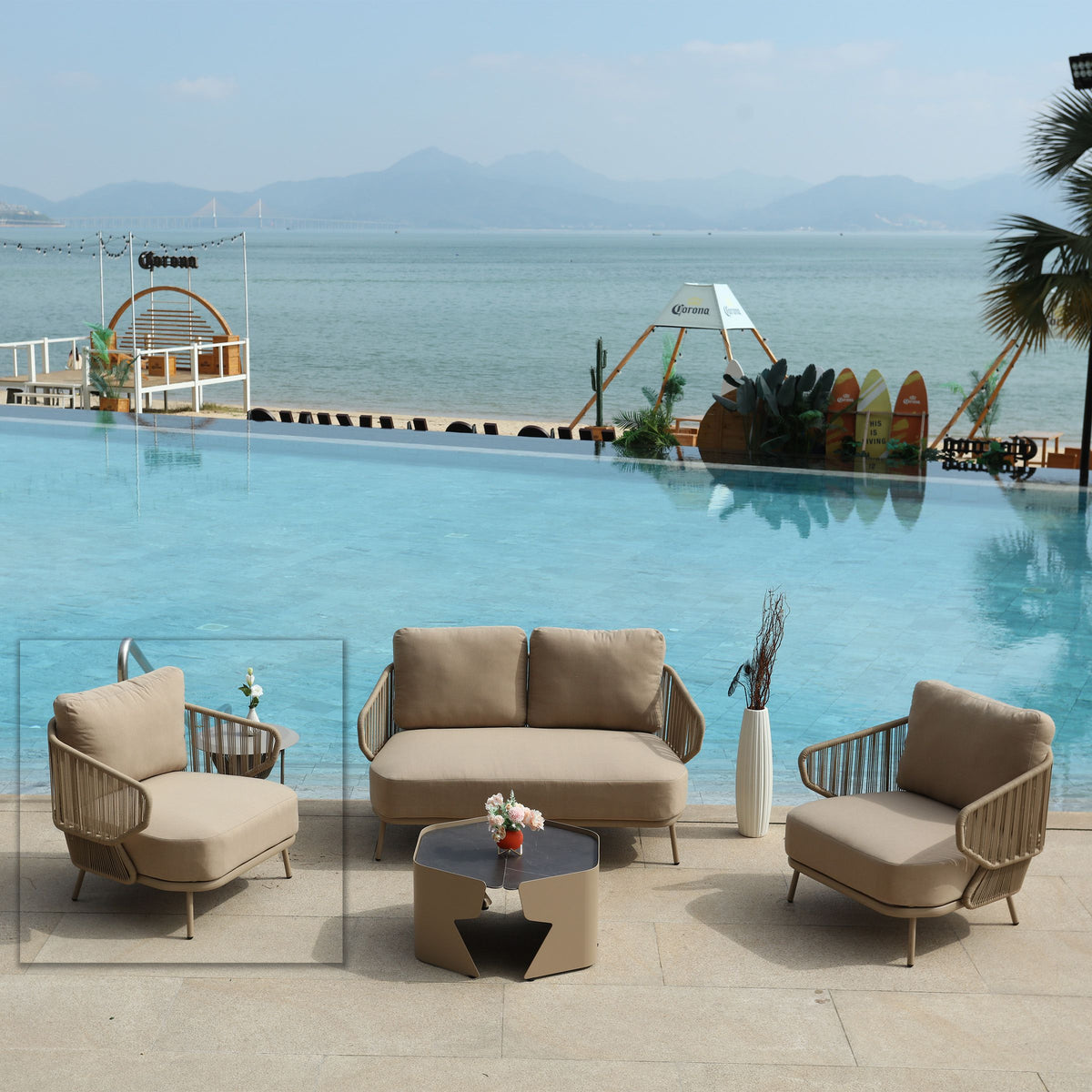 BEACON Embrace outdoor armchair MYX-SOFA030 with woven rattan design and cushioned seat for comfortable outdoor seating.