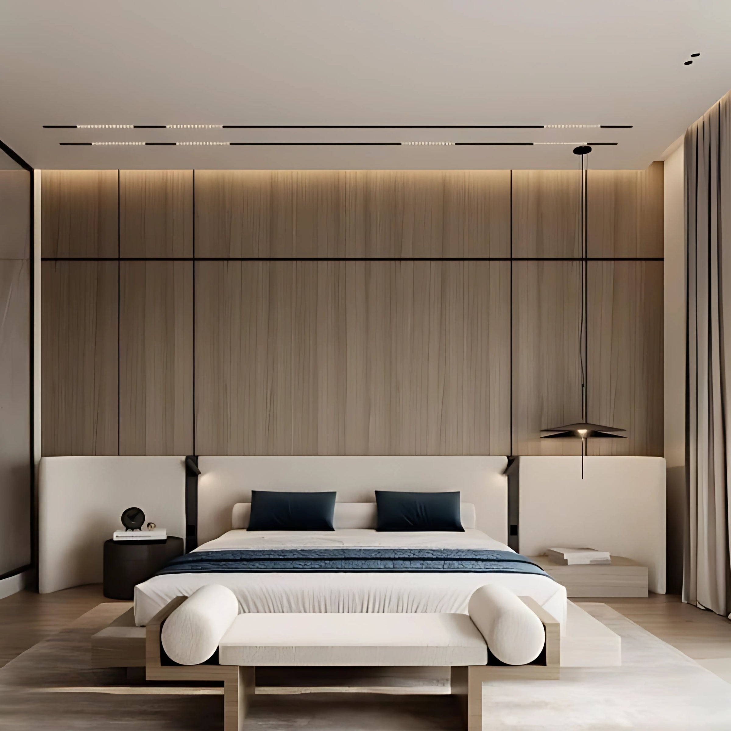 Wooden Evoque Bed Headboard, 405cm long with integrated sockets and lights, designed by BEACON, for modern bedroom decor.