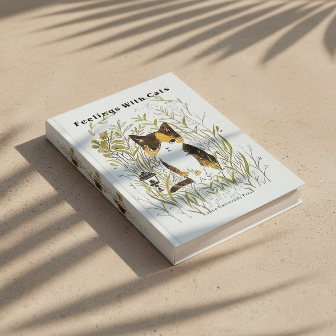 Decorative book titled "Feelings With Cats" by BEACON, featuring cat illustrations and artistic cover design.