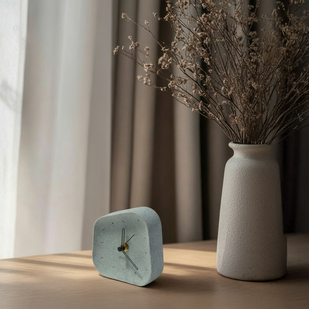 Green square BEACON Fenggu table clock with black hour and minute hands and clear clock face, on a white background.