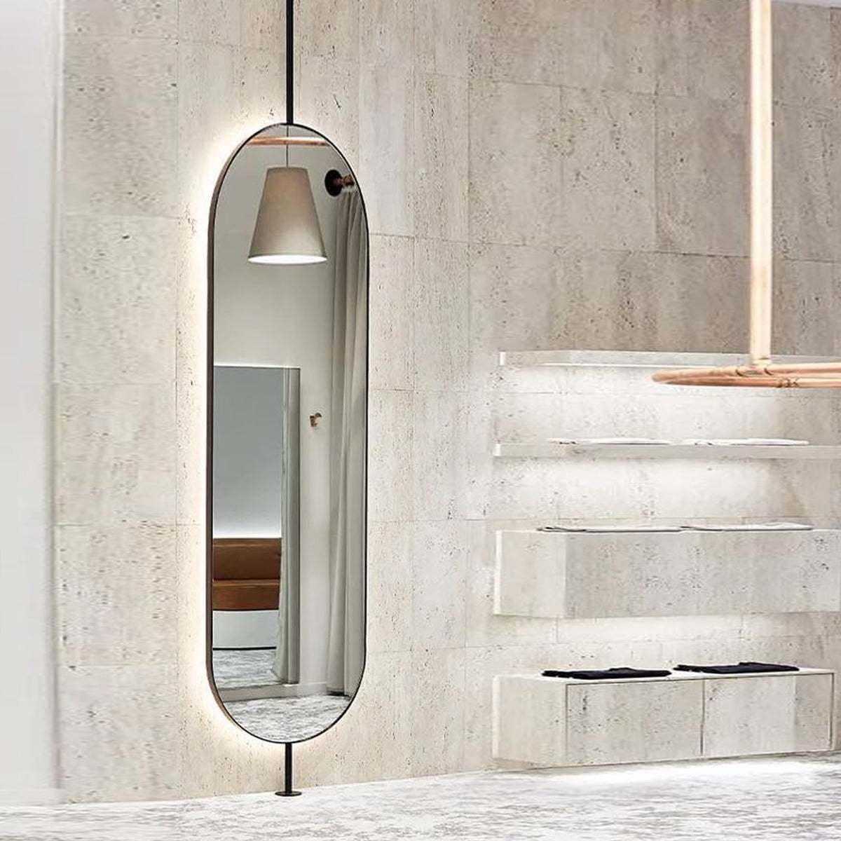 Floor mirror with black stainless steel frame, modern design, full-length reflection, by BEACON.