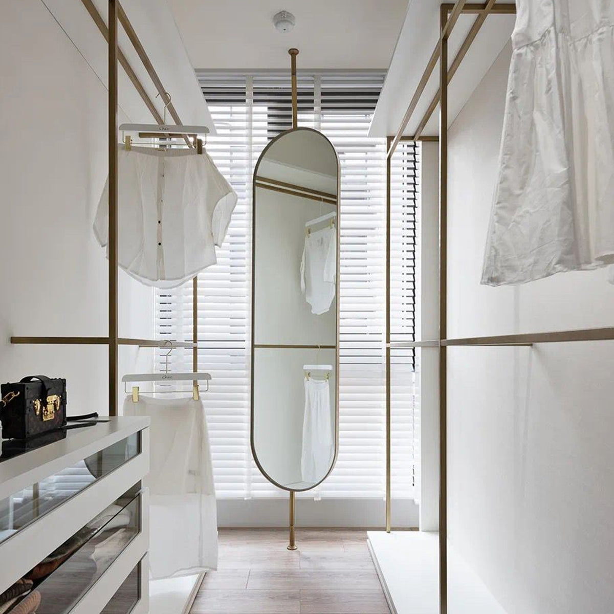 Floor mirror with a sleek golden stainless steel frame, designed by BEACON, model OA-9357-G, standing on a neutral background.