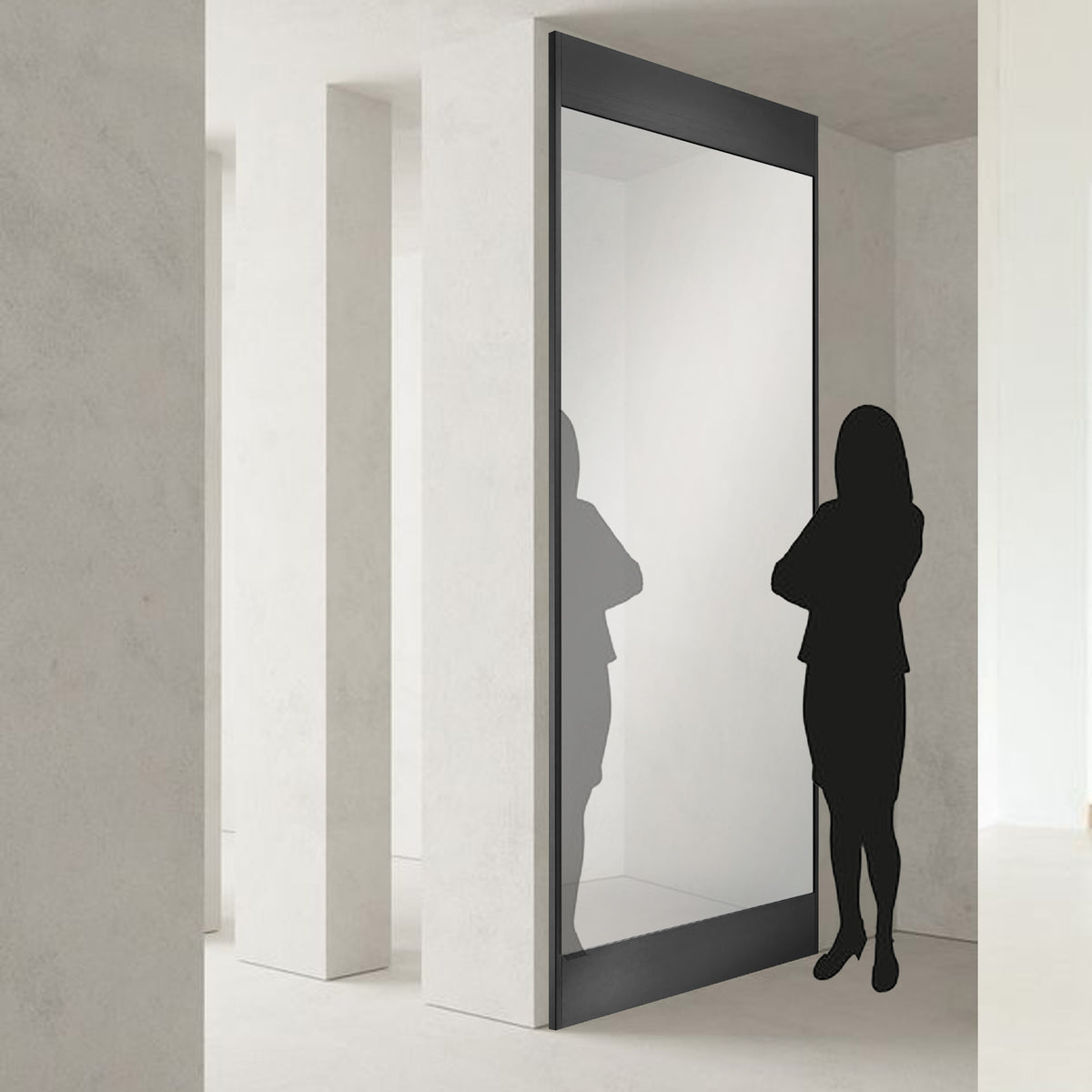 BEACON SS frame floor mirror OA-9360-BL with sleek rectangular design, standing on a hardwood floor in a modern room.