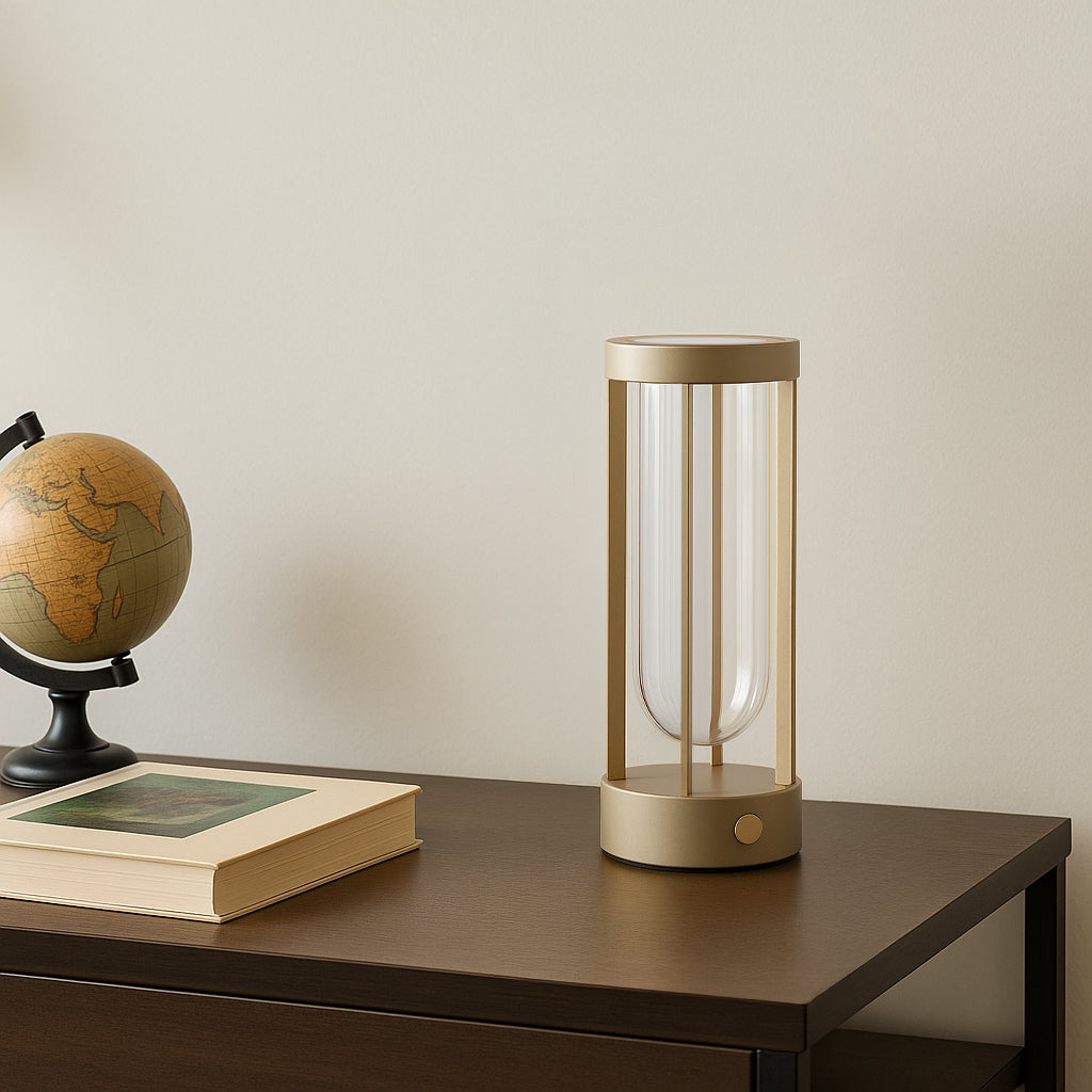 Beacon FloraBeam multi-functional table lamp and vase in sandy taupe, with a sleek modern design suitable for desks and tables.
