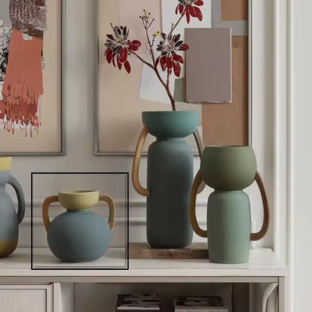 Four-color ceramic amphorae vase by BEACON, featuring a classic shape with vibrant multicolor glaze, perfect for decorative display.