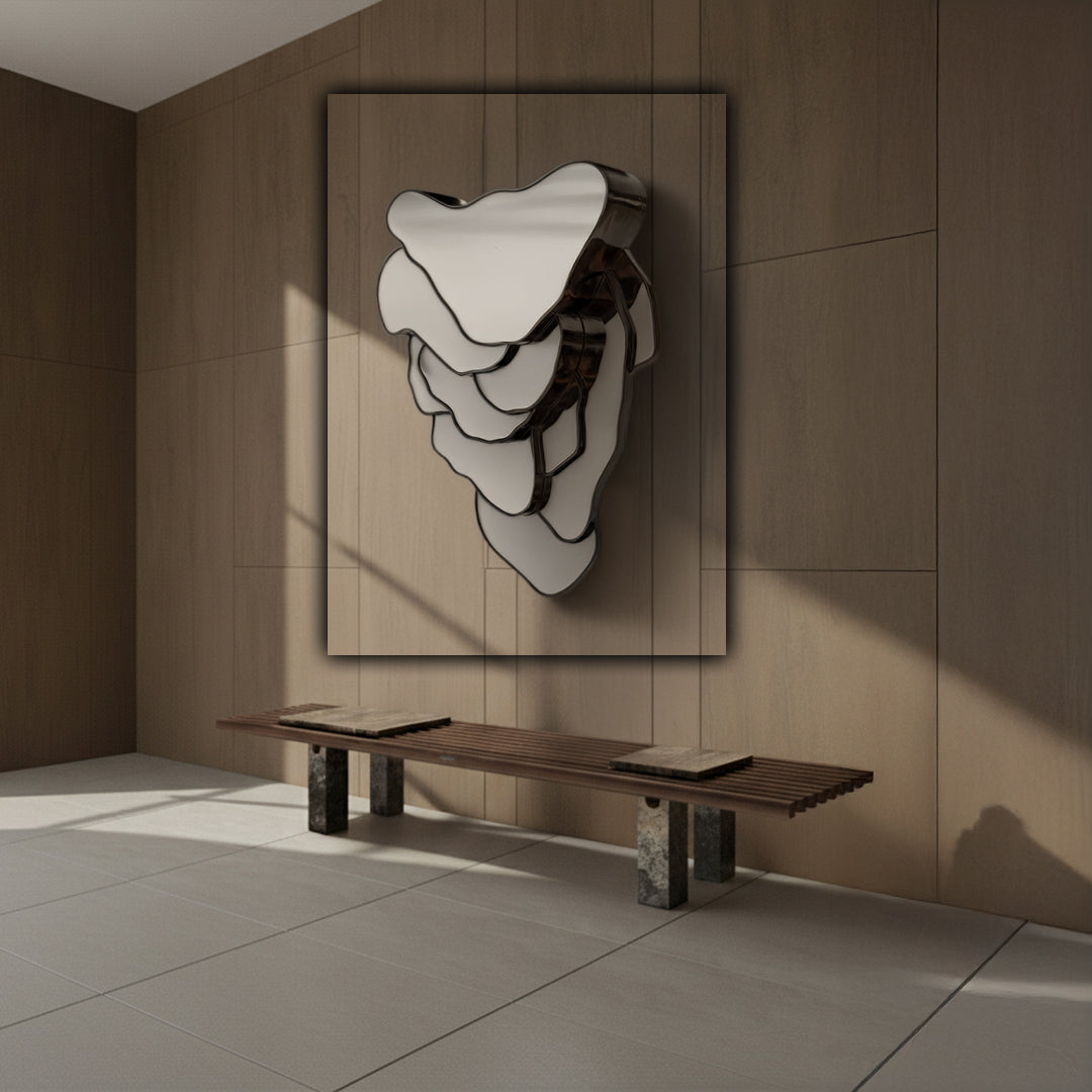 Framed wall mirror with plated grey black finish, modern design by FSMLDG, reflects surrounding room and decor.