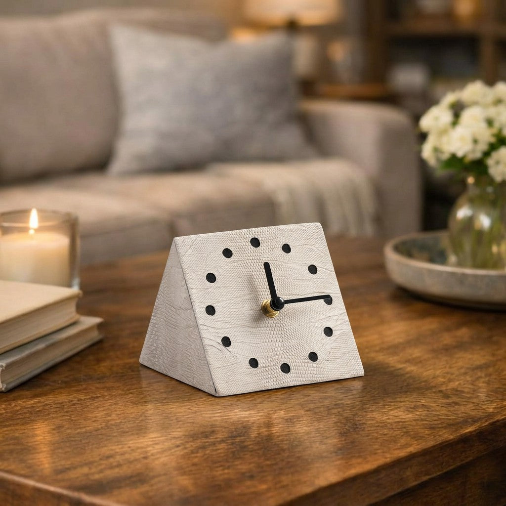 Gray geometric wall clock by BEACON with a modern design, mounted on a white wall with minimal decor.
