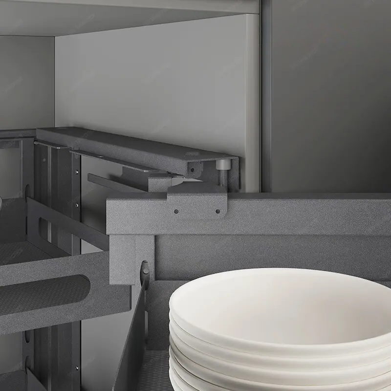 BEACON GlidePro cabinet pull-out corner storage organizer with hinges, right or left, for efficient kitchen corner cabinet use.