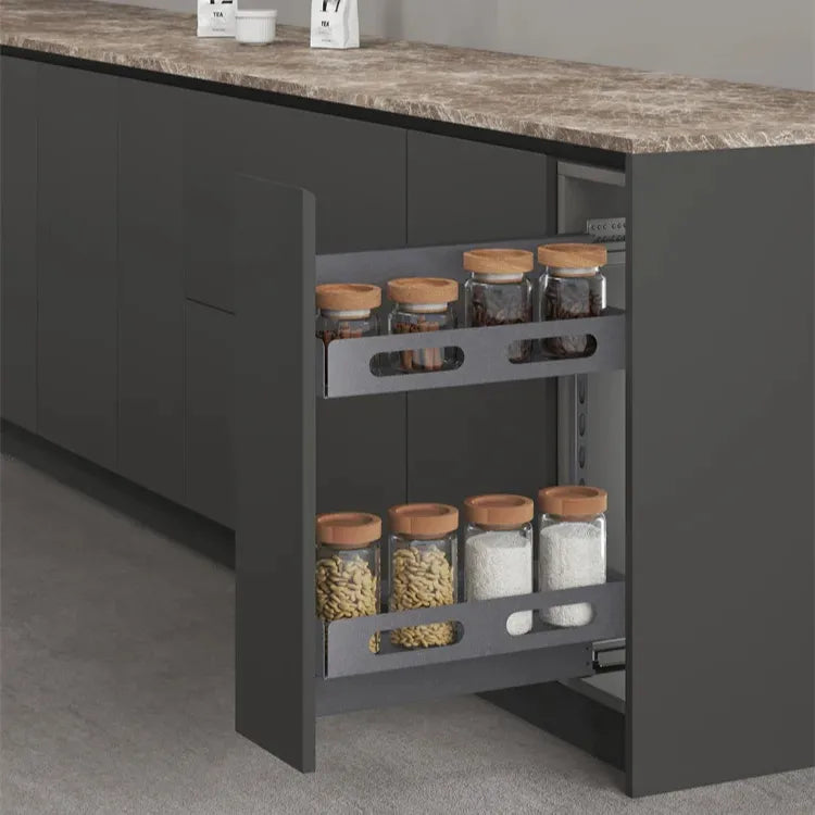 BEACON GlidePro cabinet pull-out storage organizer with hinges, black finish, installed in a kitchen cabinet for easy access.