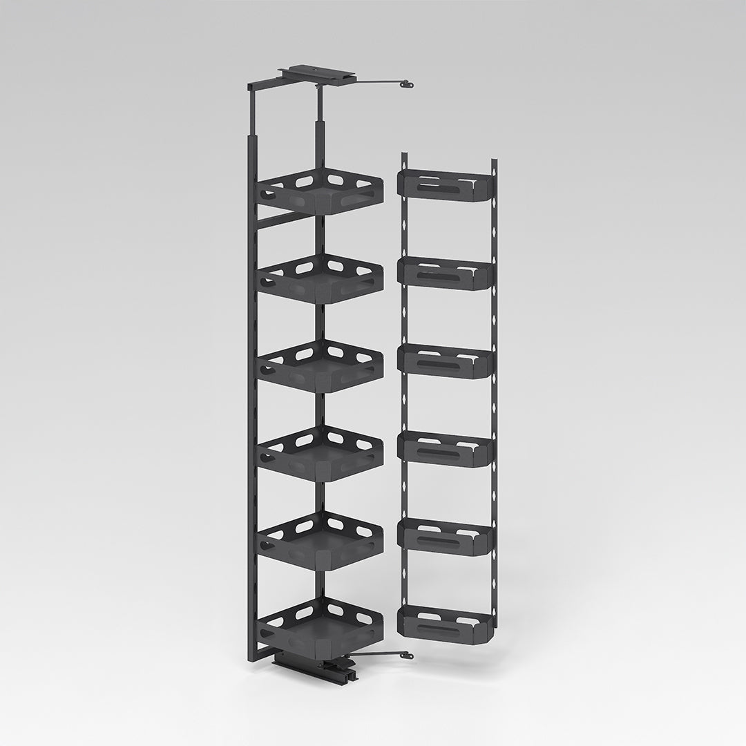 BEACON GlidePro Tall Pull Out Pantry hinges installed in a kitchen cabinet, showcasing durable metal construction and smooth pull-out mechanism.