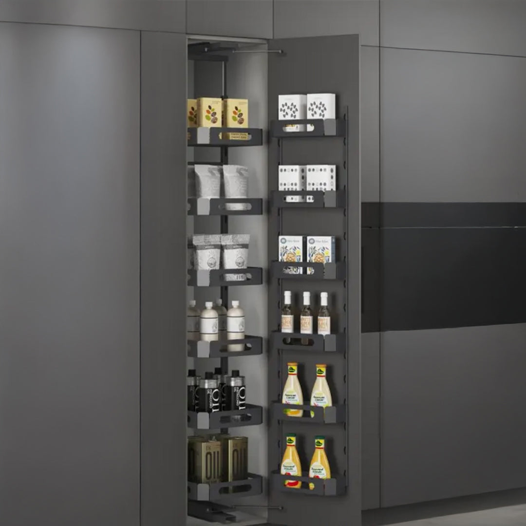 BEACON GlidePro Tall Pull Out Pantry hinges installed in a kitchen cabinet, showcasing durable black finish and smooth operation.