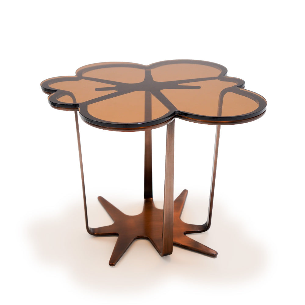 BEACON Glowing Blossom glass-top side table, modern design with illuminated floral motif, sleek and stylish living room accent.