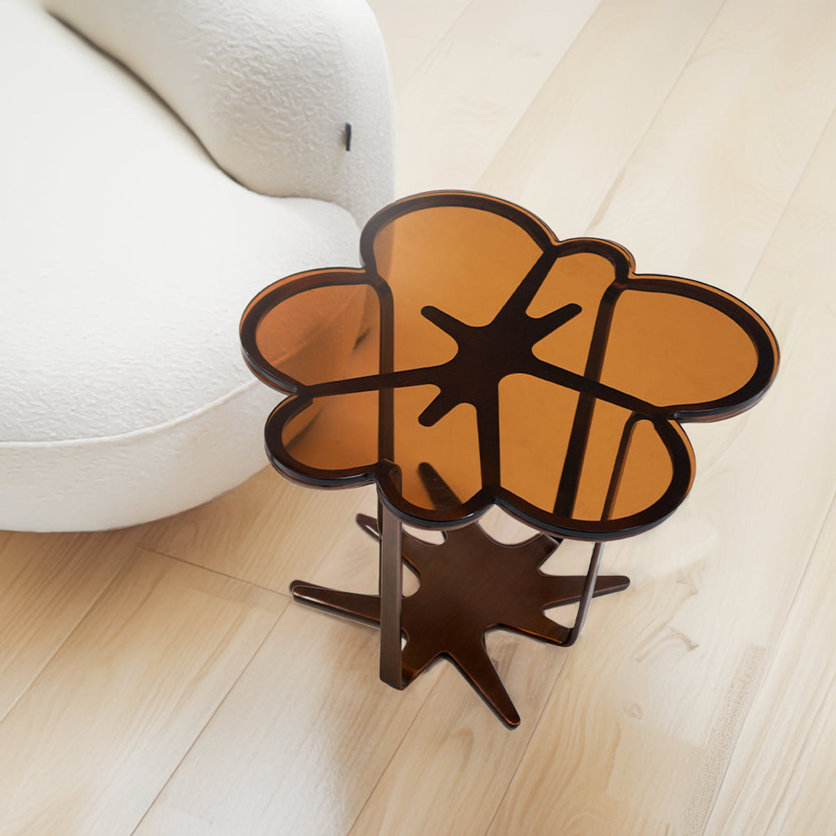 BEACON glowing blossom glass top side table with illuminated floral design, modern accent piece for living room or bedroom.