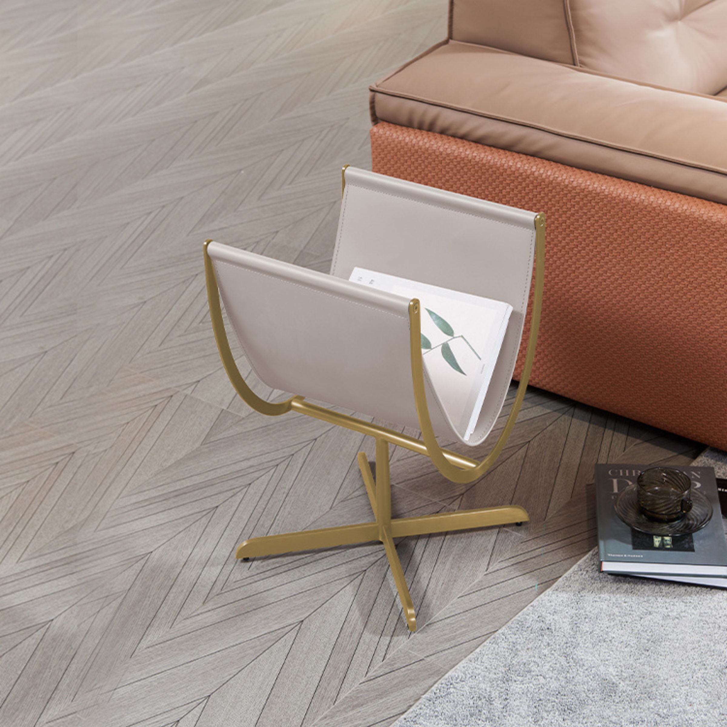 Gold brushed saddle leather & stainless steel Side Table MLL-D74-Beige - Side Tables - ebarza Furniture UAE | Shop Modern Furniture in Abu Dhabi & Dubai - مفروشات ايبازرا في الامارات | تسوق اثاث عصري وديكورات مميزة في دبي وابوظبي