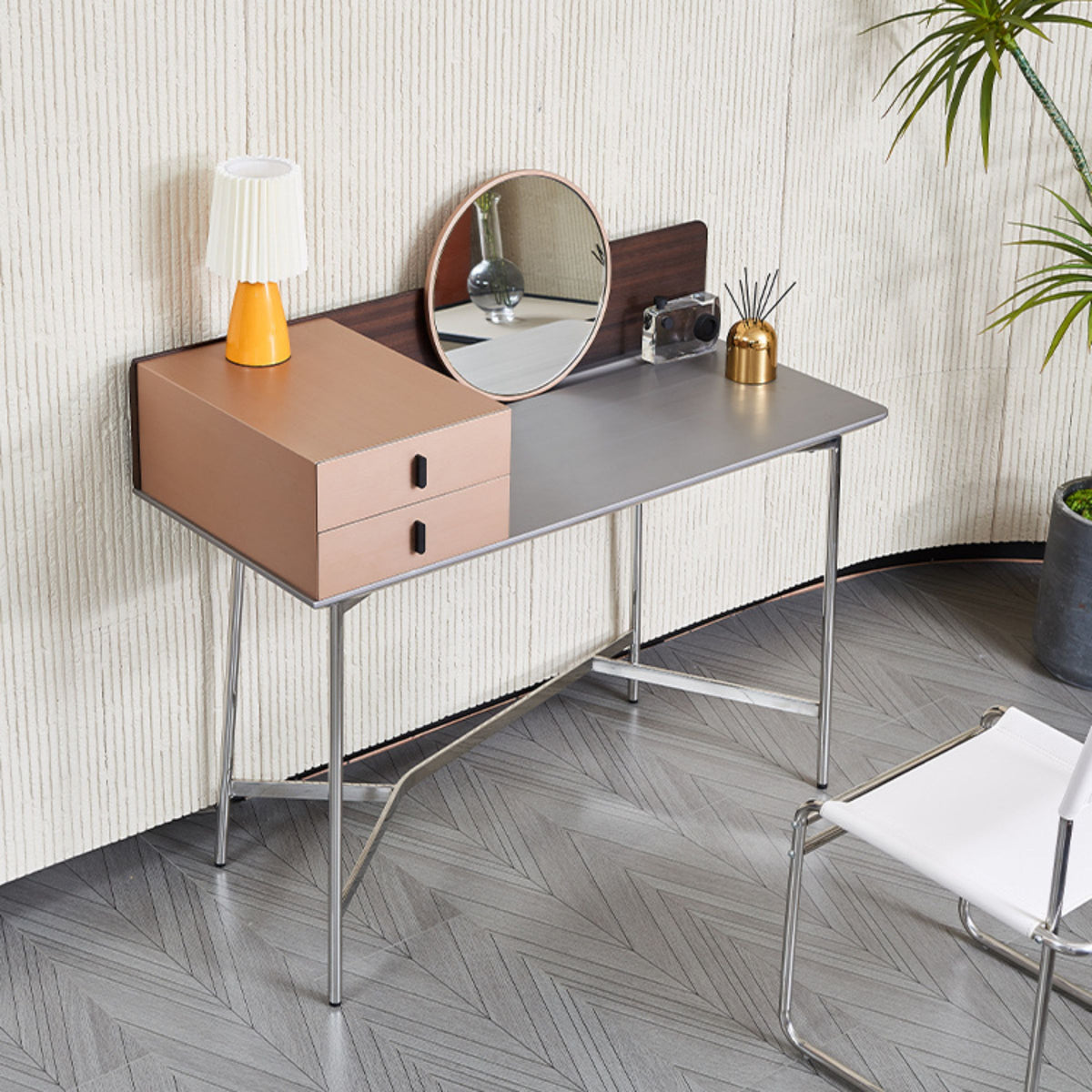 Gold-painted dresser from BEACON with modern design, featuring sleek drawers and a glossy gold finish.