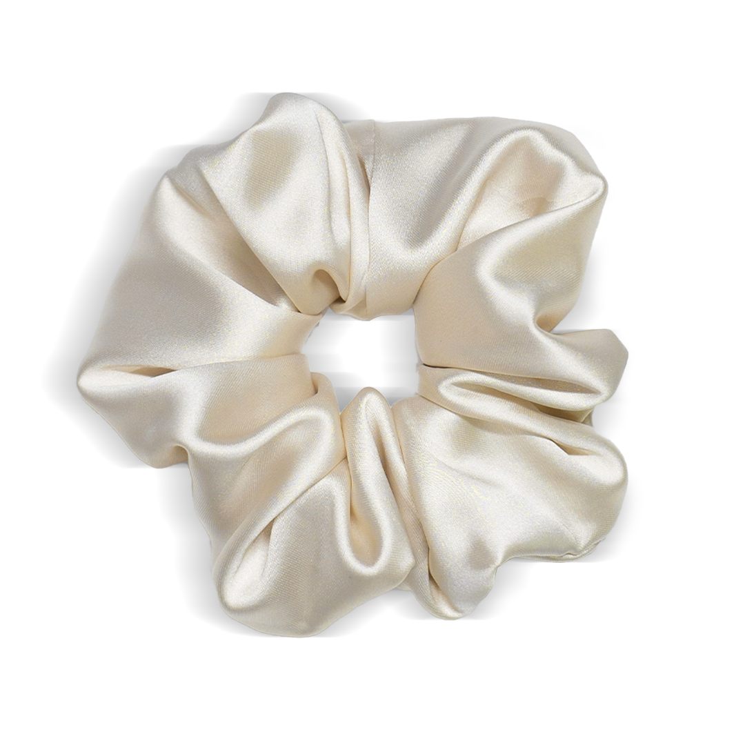 Ivory fabric hair tie with 8cm tube and poly filling, 16mm silk, designed for comfortable hair management.