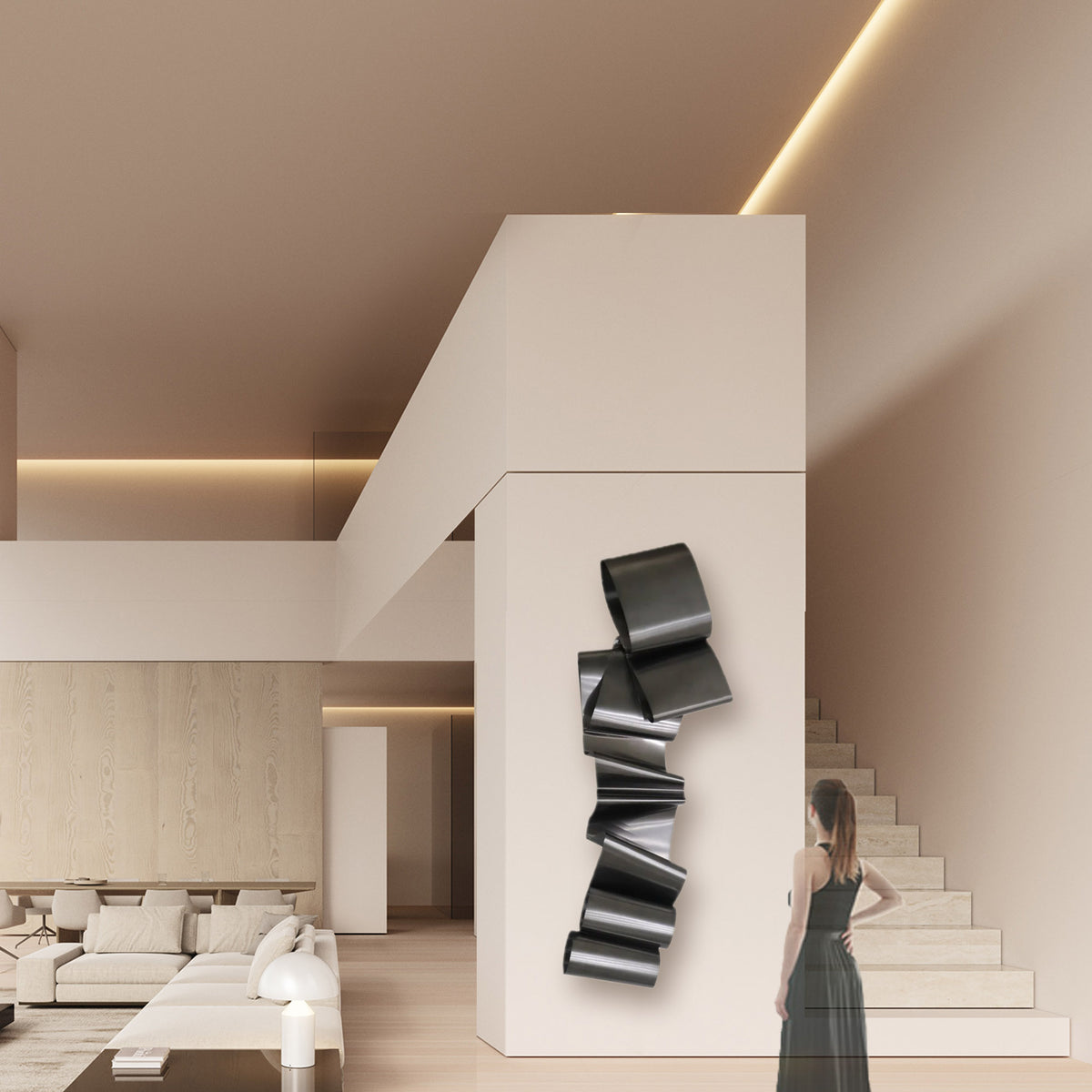 Hand-crafted black stainless steel artwork by BEACON, 250cm tall, showcasing intricate design and modern craftsmanship.