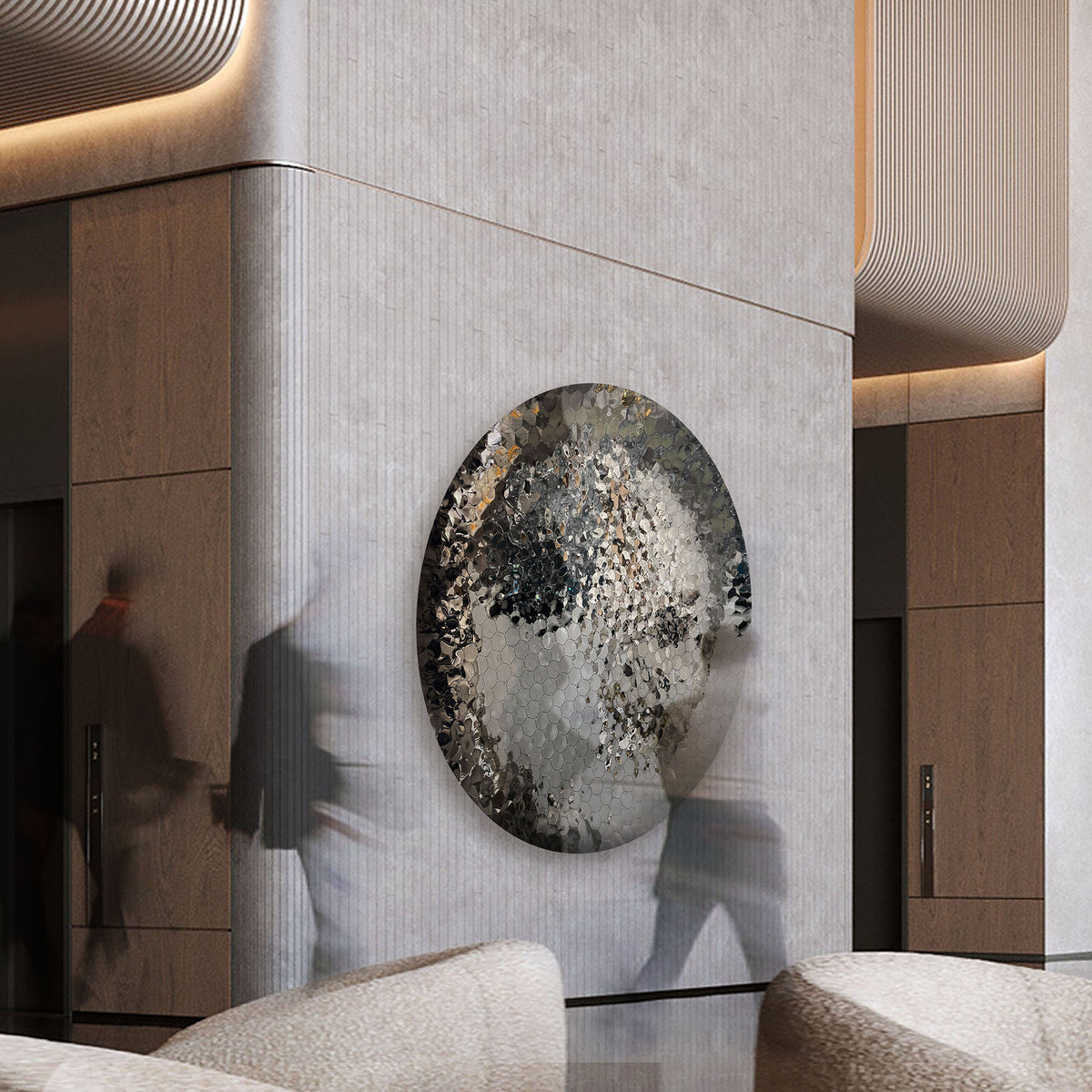 Handcrafted stainless steel mirror artwork by BEACON, featuring intricate design and polished reflective surface.