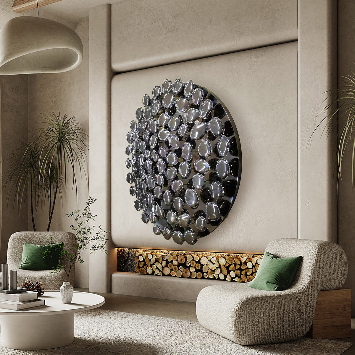 Handcrafted stainless steel artwork with specular color by BEACON, showcasing intricate design and reflective metallic surface.